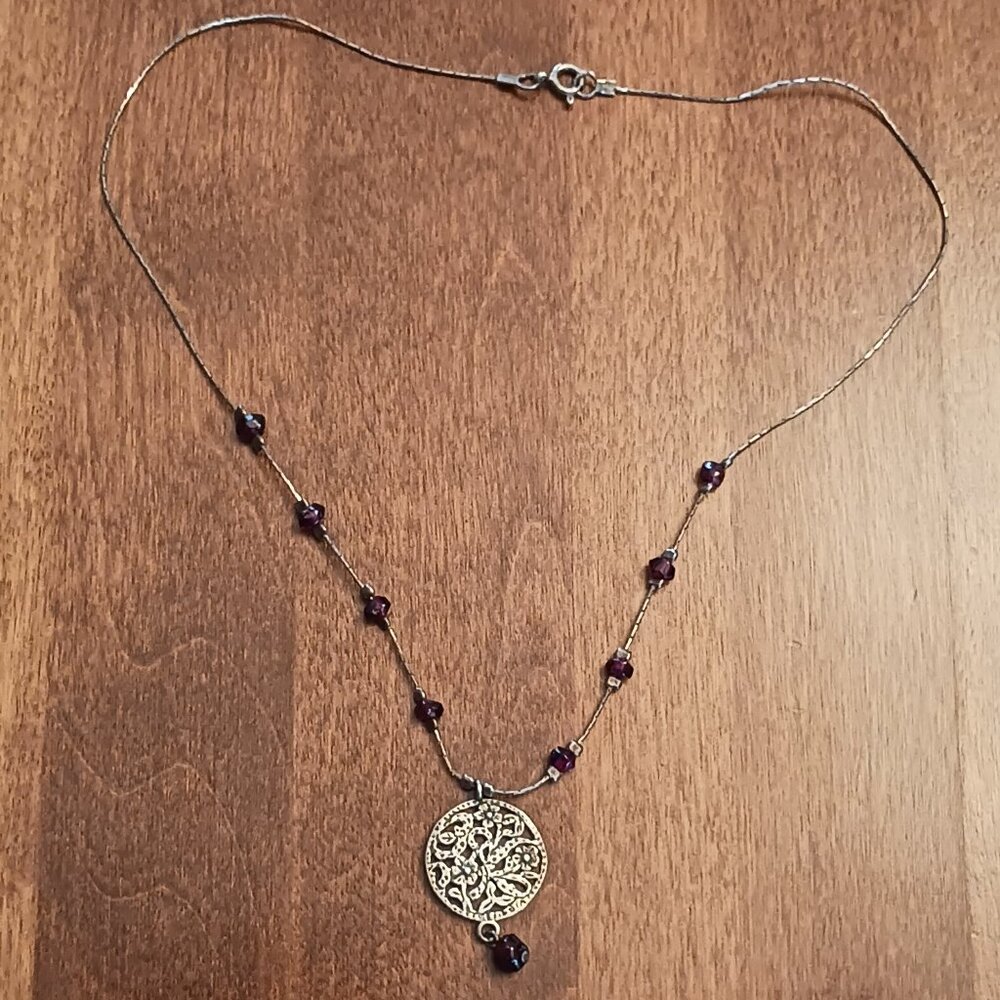 Silver Tree of Life Necklace with Dainty Garnet Beads